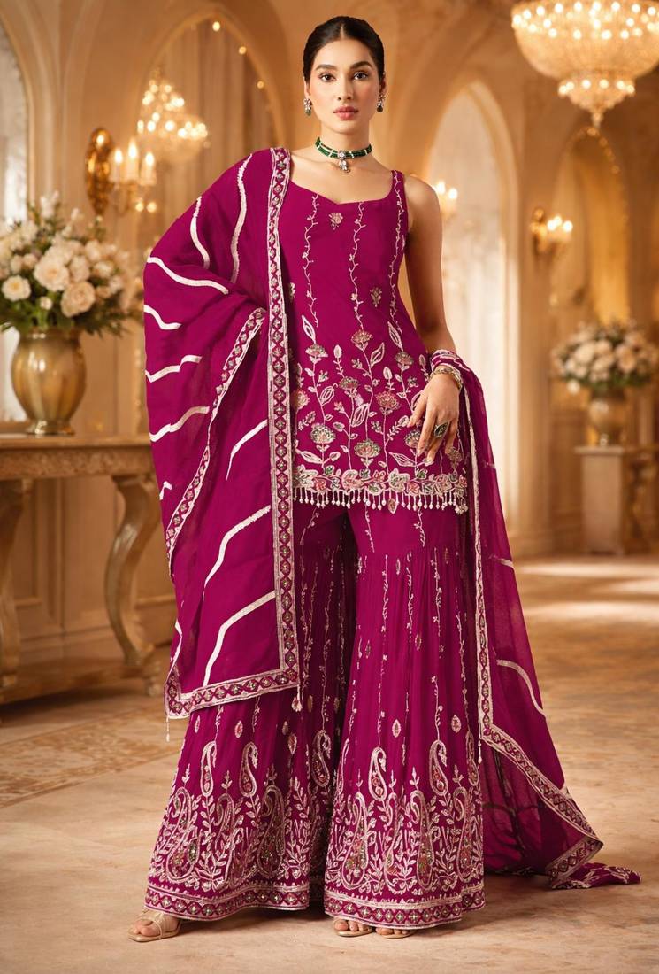 rani pink georgette embroidered sharara set