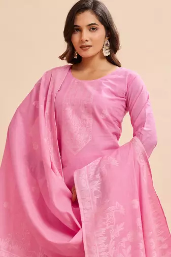 Elegant pink pure cotton jacquard kurta set with dupatta