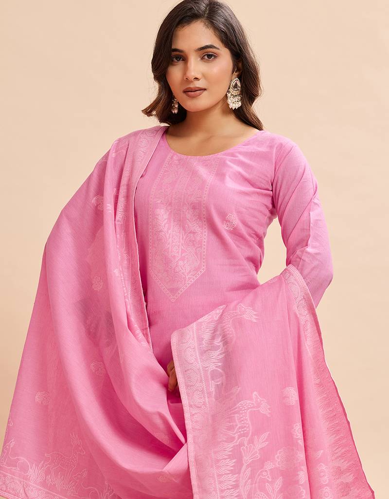 Elegant pink pure cotton jacquard kurta set with dupatta