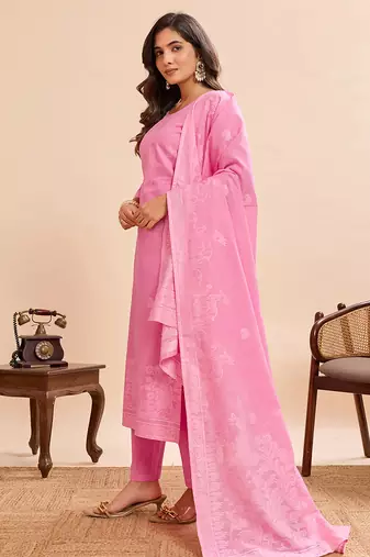 Elegant pink pure cotton jacquard kurta set with dupatta