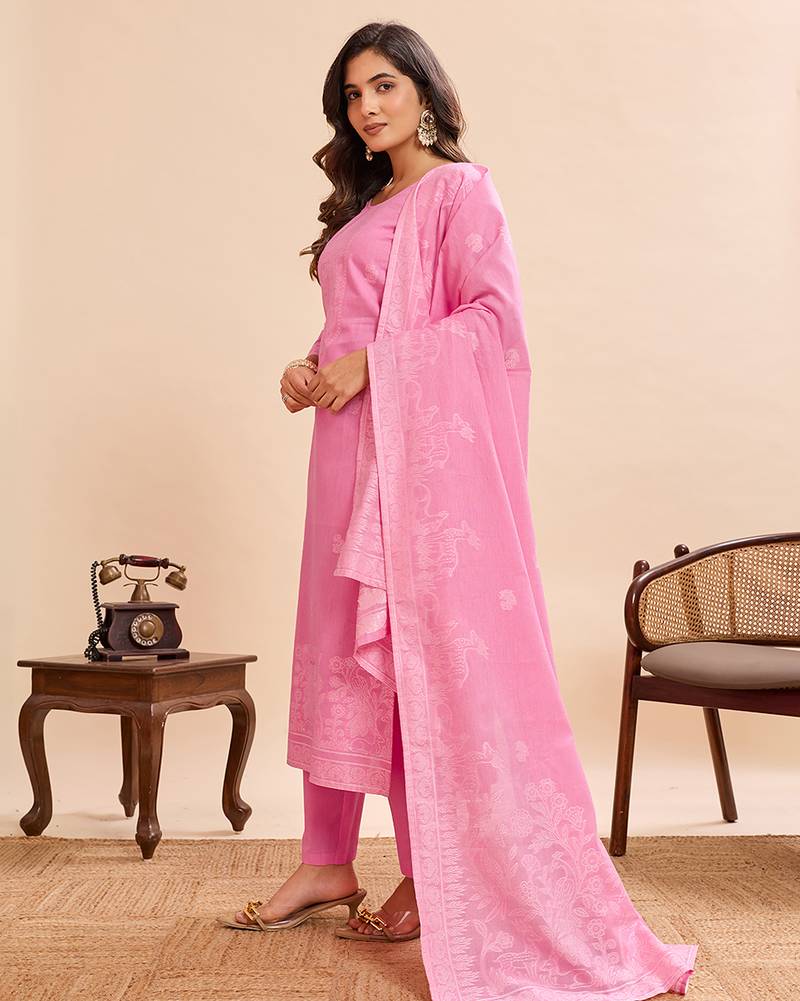 Elegant pink pure cotton jacquard kurta set with dupatta