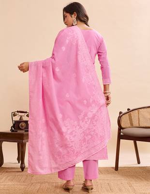 Elegant pink pure cotton jacquard kurta set with dupatta 4