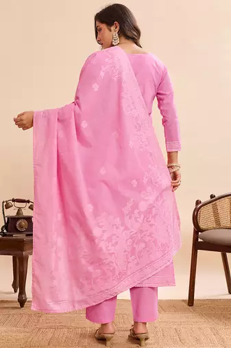 Elegant pink pure cotton jacquard kurta set with dupatta