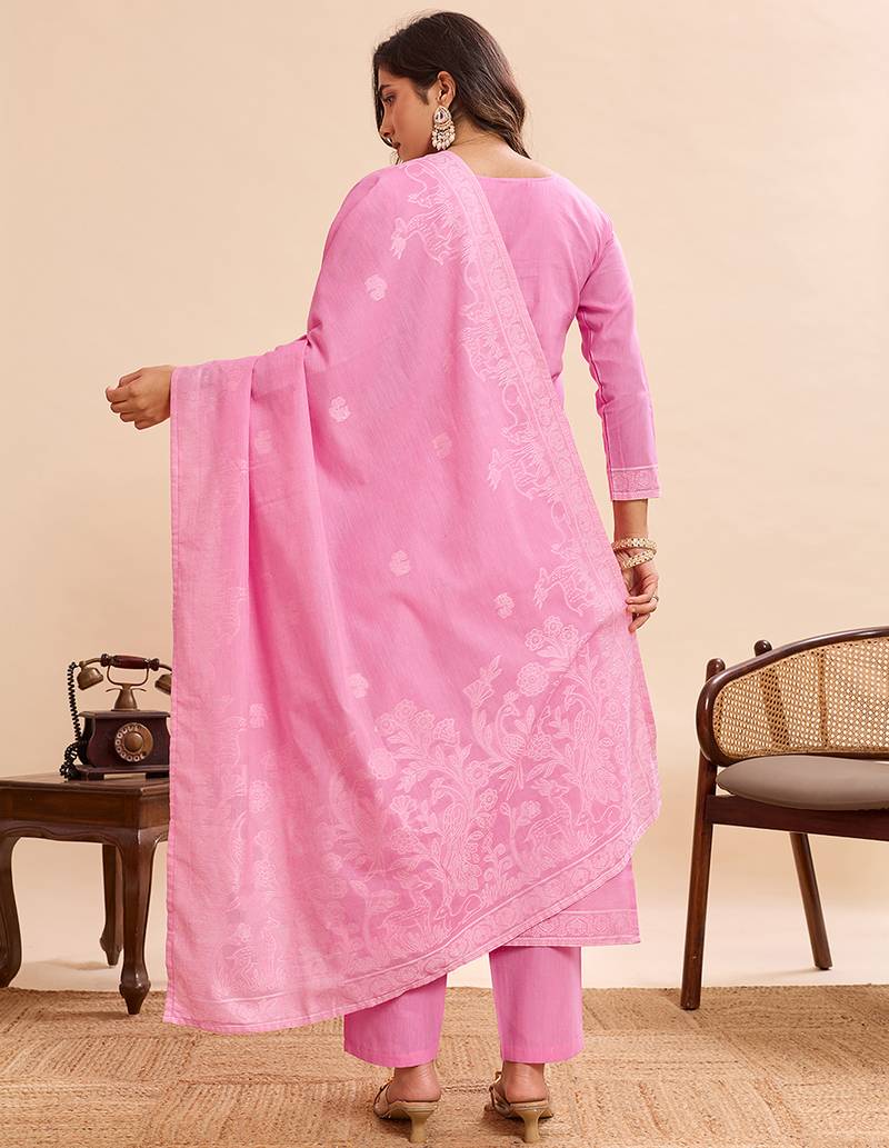 Elegant pink pure cotton jacquard kurta set with dupatta