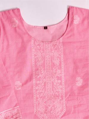 Elegant pink pure cotton jacquard kurta set with dupatta 6