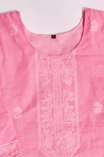 Elegant pink pure cotton jacquard kurta set with dupatta