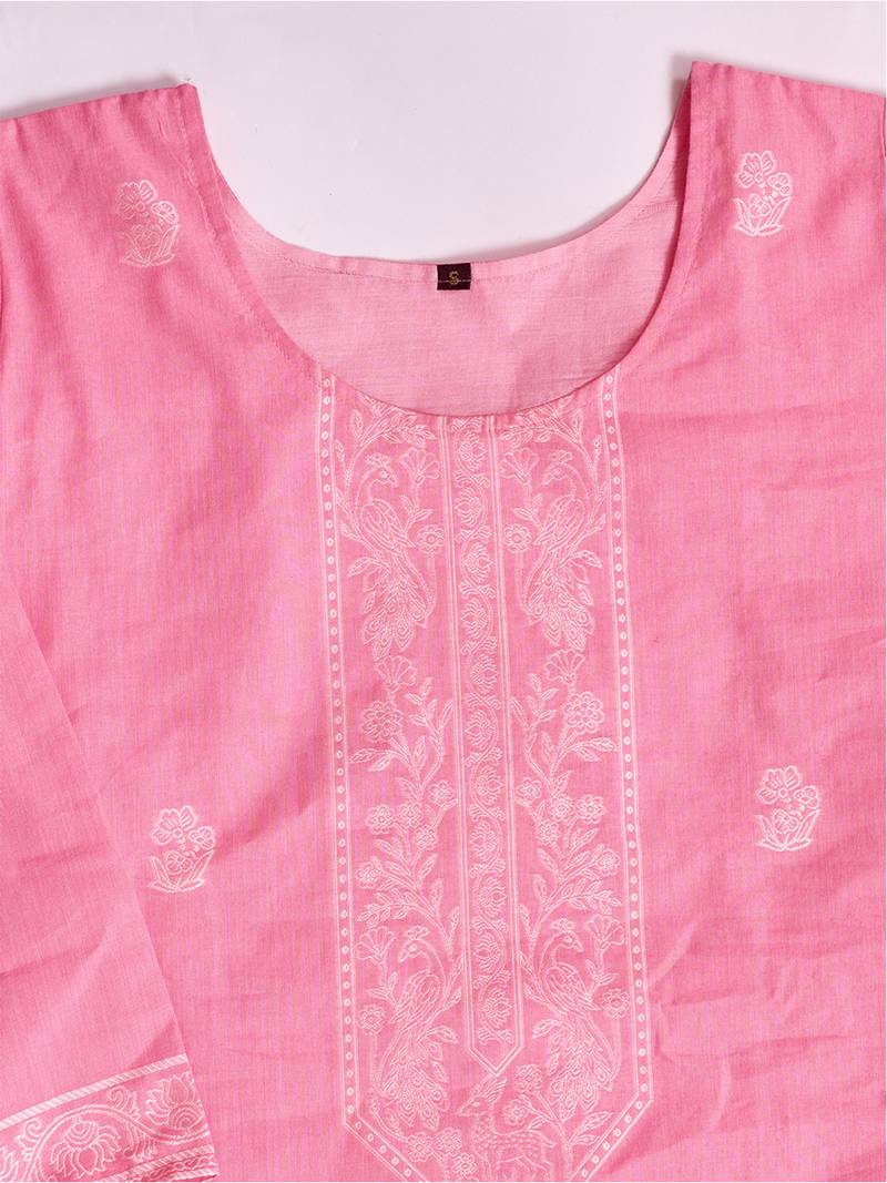 Elegant pink pure cotton jacquard kurta set with dupatta