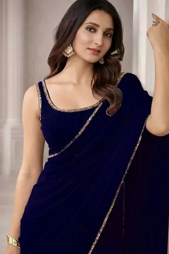 Georgette Saree with Designer Blouse & Golden Lace Border     Party Wear & Wedding Collection