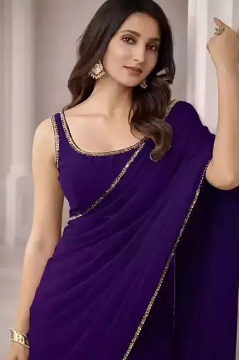 Georgette Saree with Designer Blouse & Golden Lace Border
