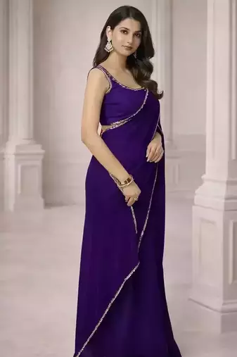 Georgette Saree with Designer Blouse & Golden Lace Border