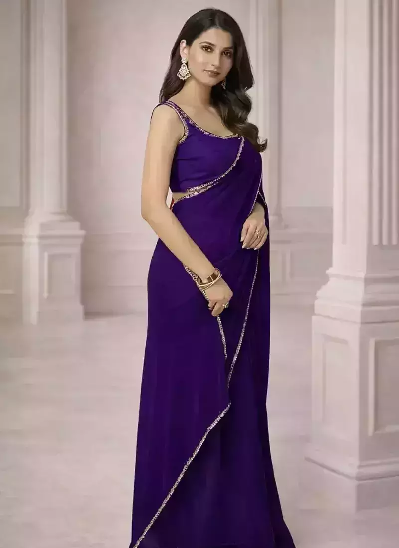 Georgette Saree with Designer Blouse & Golden Lace Border
