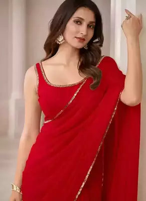 Georgette Saree with Designer Blouse & Golden Lace Border     Party Wear & Wedding Collection 2