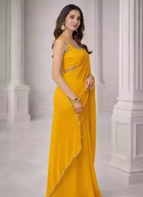 Georgette Saree with Designer Blouse & Golden Lace Border     Party Wear & Wedding Collection 1