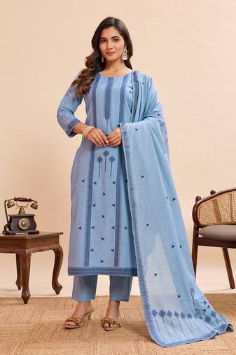 Graceful light blue pure cotton jacquard kurta set with dupatta