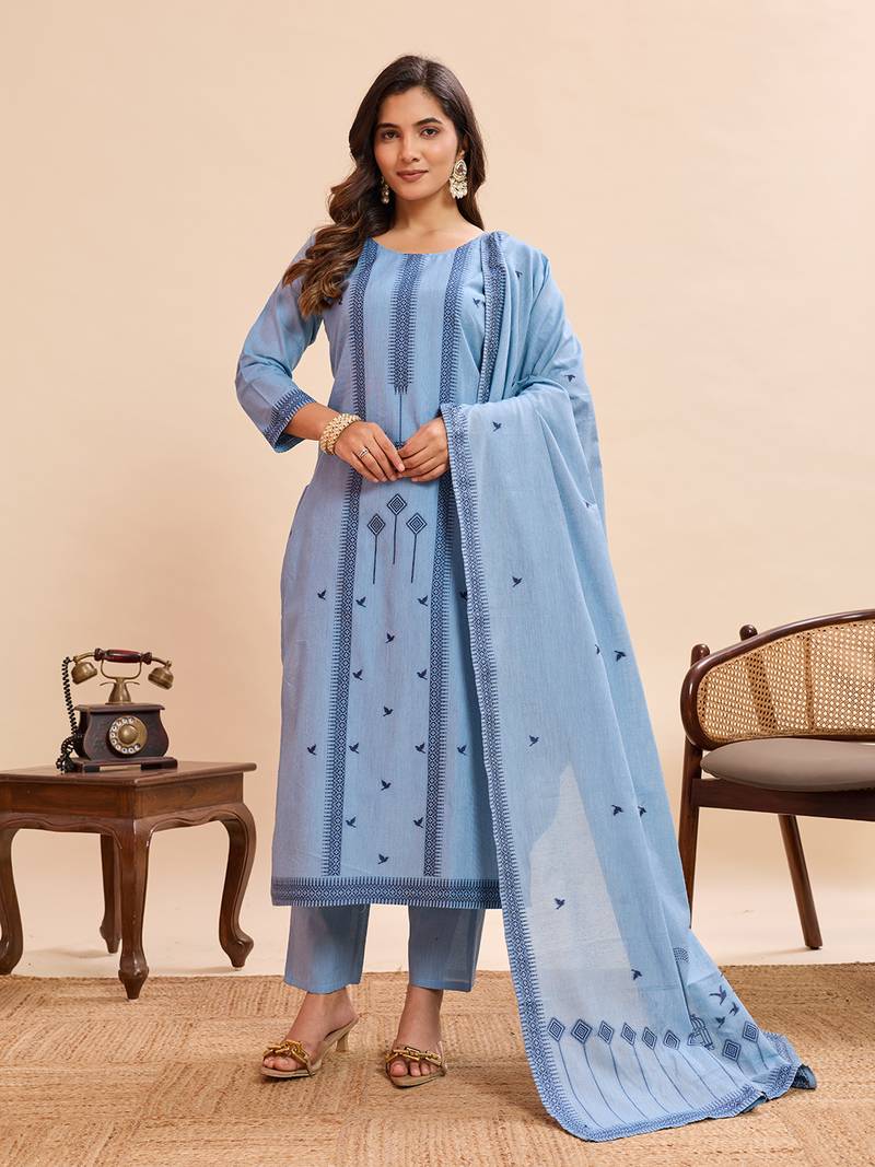 Graceful light blue pure cotton jacquard kurta set with dupatta
