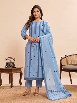 Graceful light blue pure cotton jacquard kurta set with dupatta 1