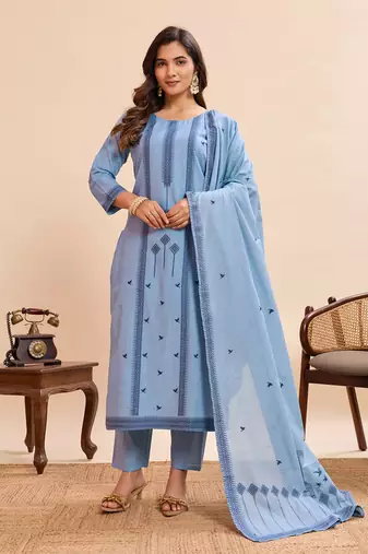 Graceful light blue pure cotton jacquard kurta set with dupatta