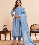 Graceful light blue pure cotton jacquard kurta set with dupatta