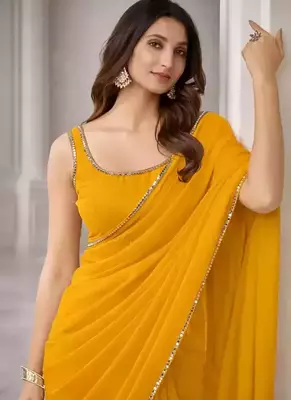 Georgette Saree with Designer Blouse & Golden Lace Border     Party Wear & Wedding Collection 2