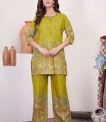 Green floral printed cotton classic co ord set