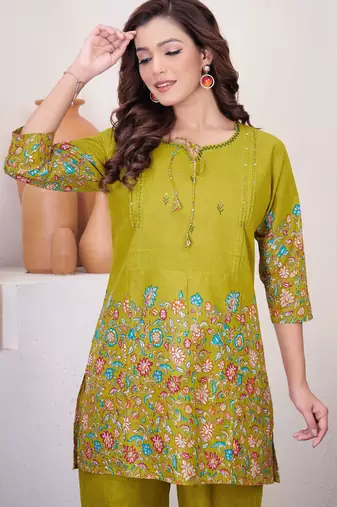 Green floral printed cotton classic co ord set