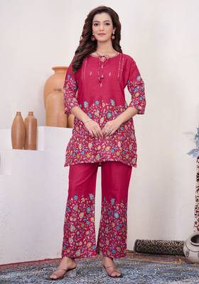 Pink floral printed cotton classic co ord set 1