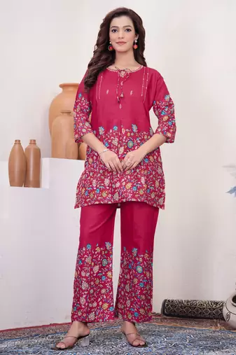 Pink floral printed cotton classic co ord set