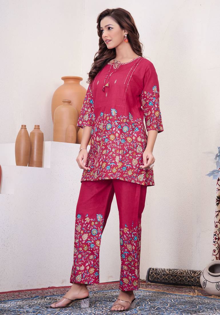 Pink floral printed cotton classic co ord set