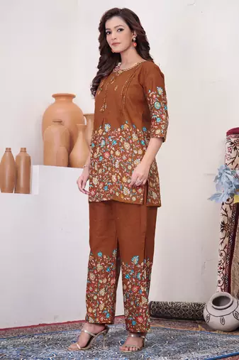 Brown floral printed cotton classic co ord set