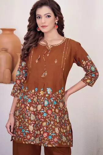 Brown floral printed cotton classic co ord set