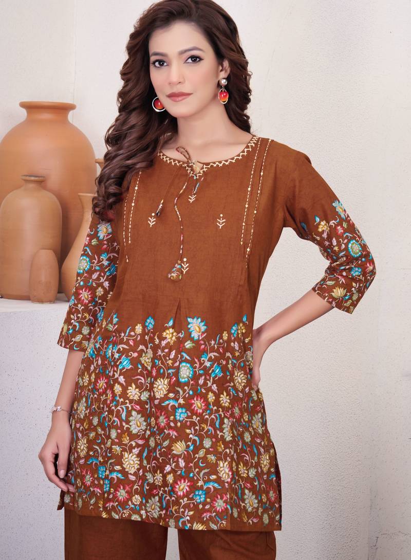 Brown floral printed cotton classic co ord set
