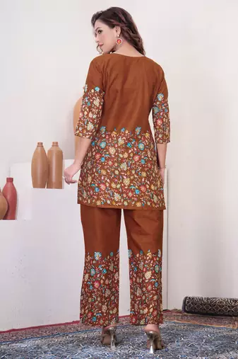 Brown floral printed cotton classic co ord set
