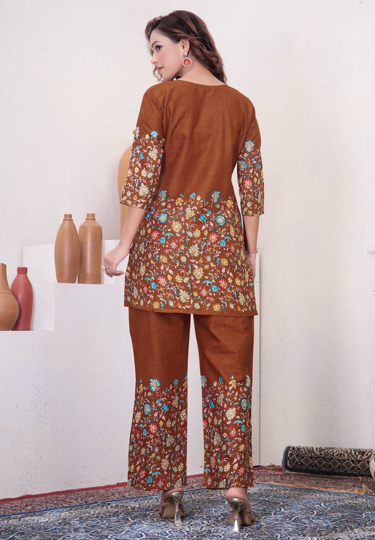 Brown floral printed cotton classic co ord set
