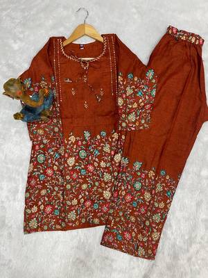 Brown floral printed cotton classic co ord set 5