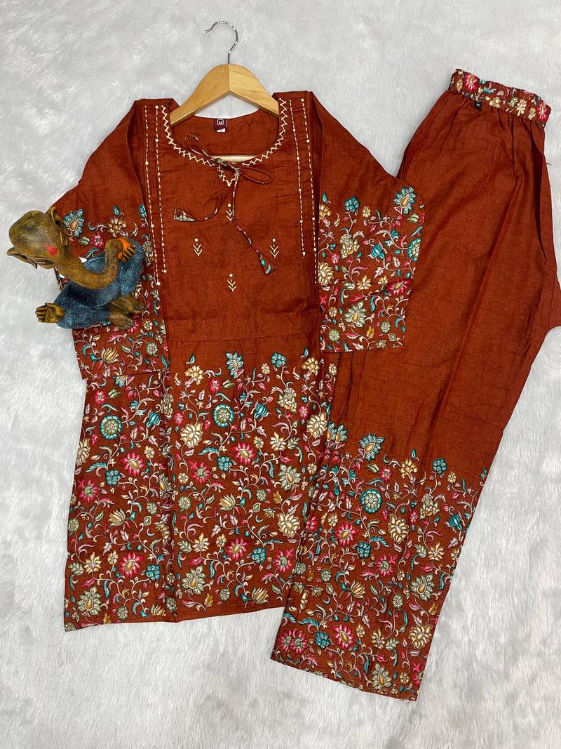 Brown floral printed cotton classic co ord set