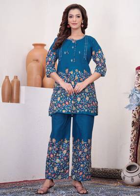 Teal floral printed cotton classic co ord set 1