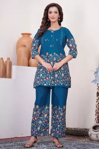 Teal floral printed cotton classic co ord set