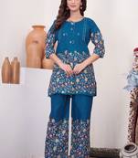 Teal floral printed cotton classic co ord set