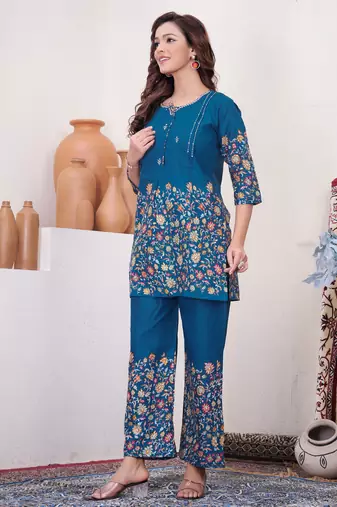 Teal floral printed cotton classic co ord set