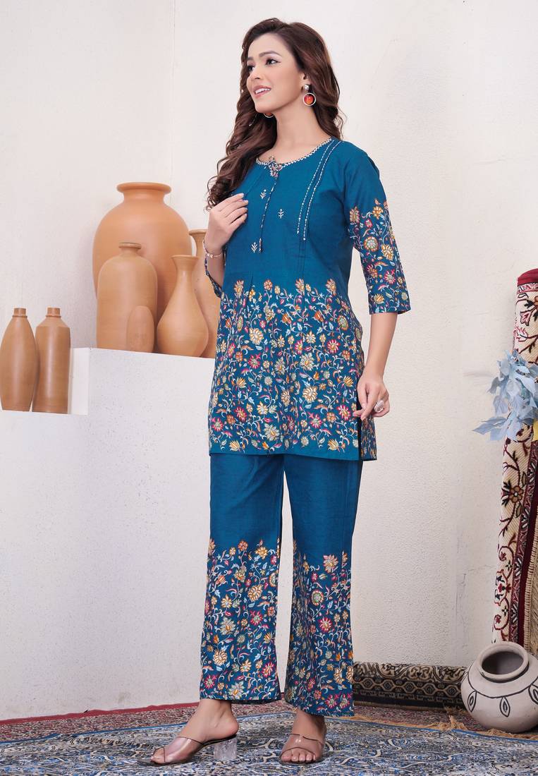 Teal floral printed cotton classic co ord set