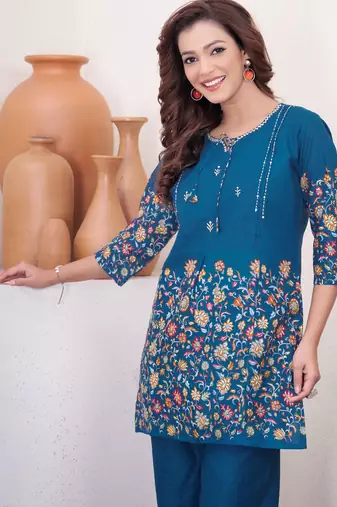 Teal floral printed cotton classic co ord set