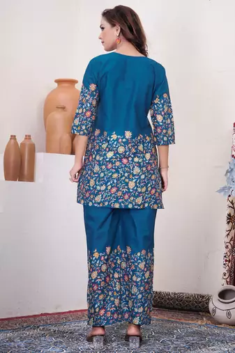 Teal floral printed cotton classic co ord set