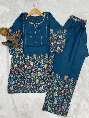Teal floral printed cotton classic co ord set 5