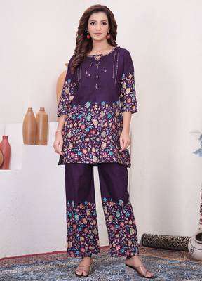 Wine floral printed cotton classic co ord set 1