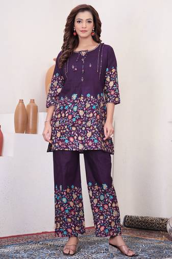 Wine floral printed cotton classic co ord set