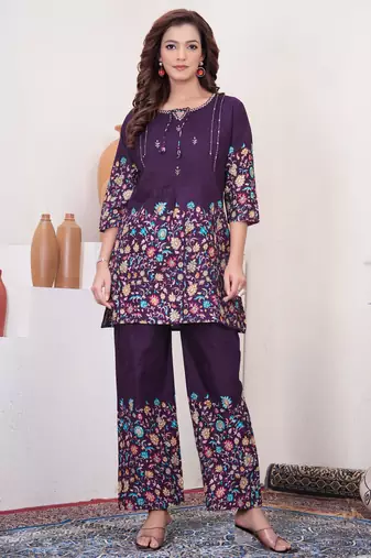 Wine floral printed cotton classic co ord set