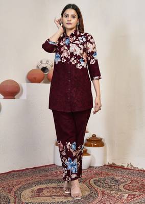 Maroon floral printed cotton classic co ord set 1