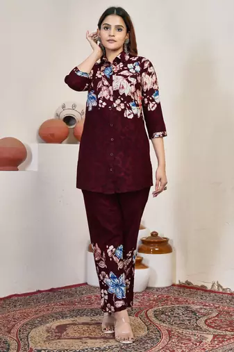 Maroon floral printed cotton classic co ord set