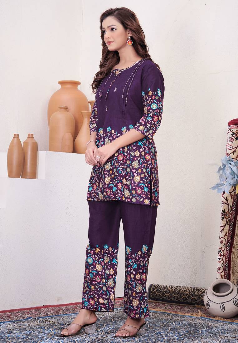 Wine floral printed cotton classic co ord set
