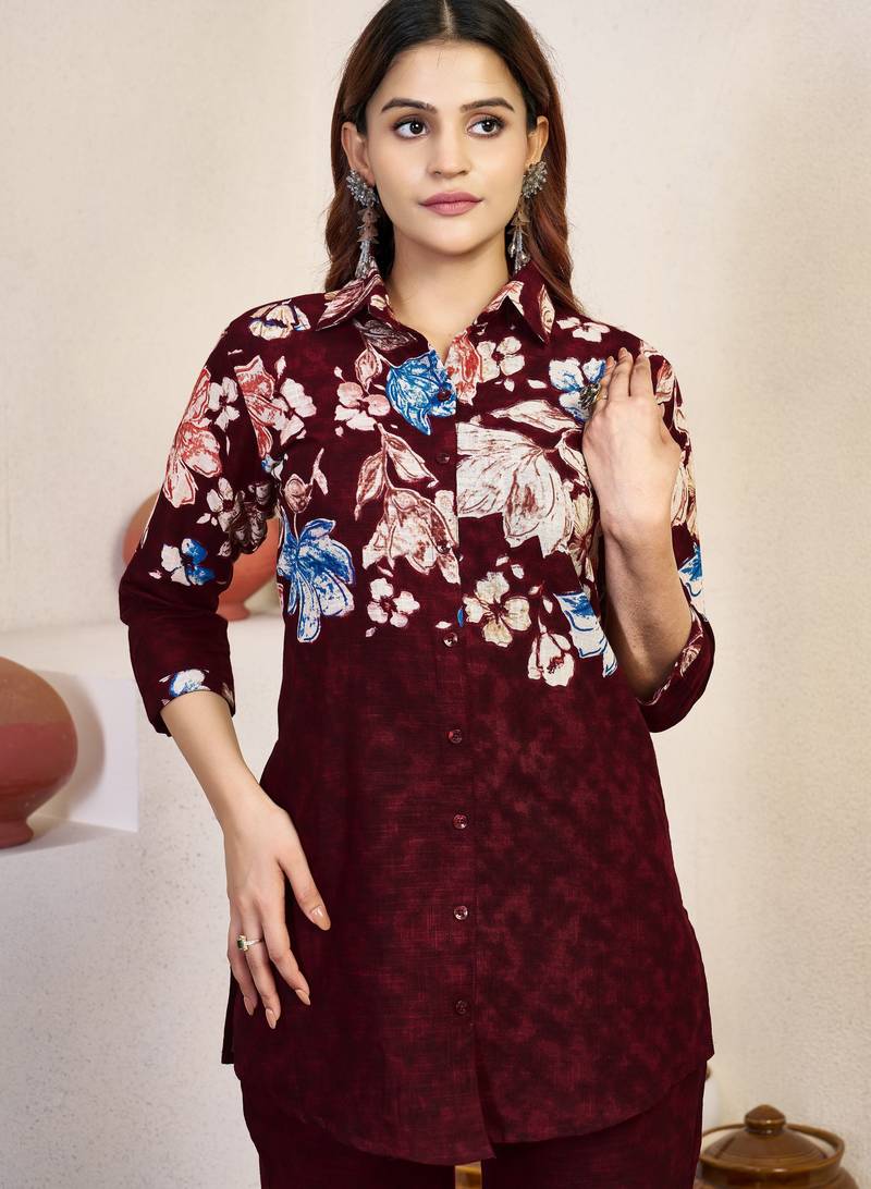 Maroon floral printed cotton classic co ord set